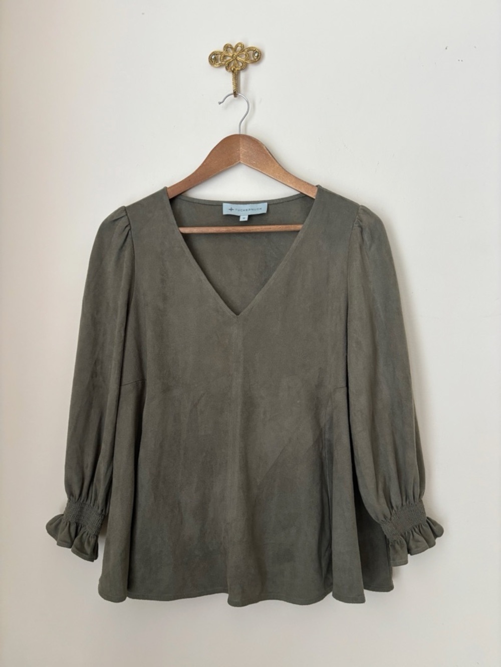 Tuckernuck Olive Green Faux Suede V Neck Top Medium